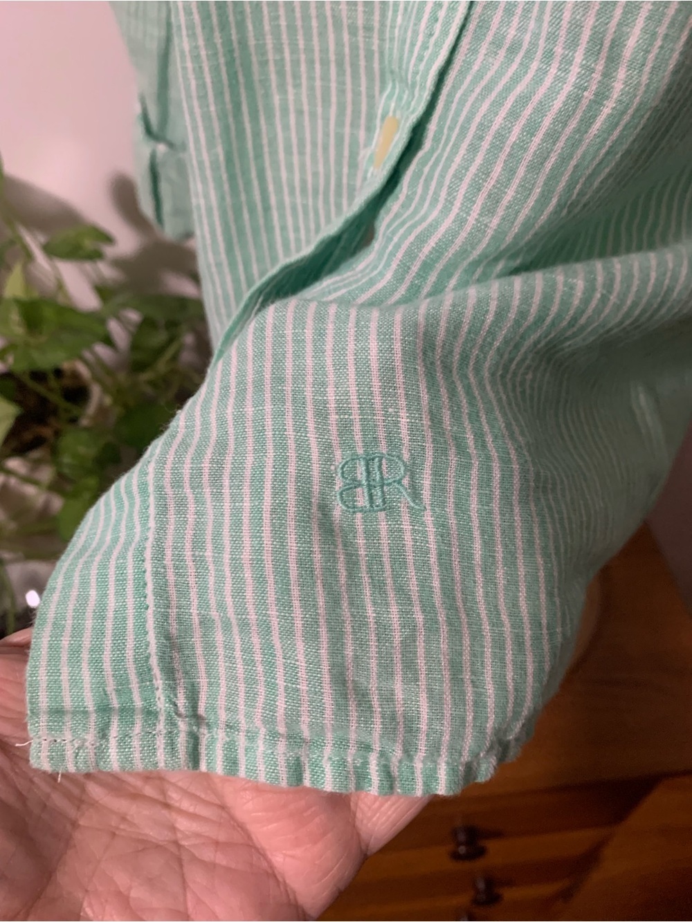 Banana Republic Soft Wash Linen Cotton Mint Green and White Pinstripe Shirt M - Picture 6 of 16